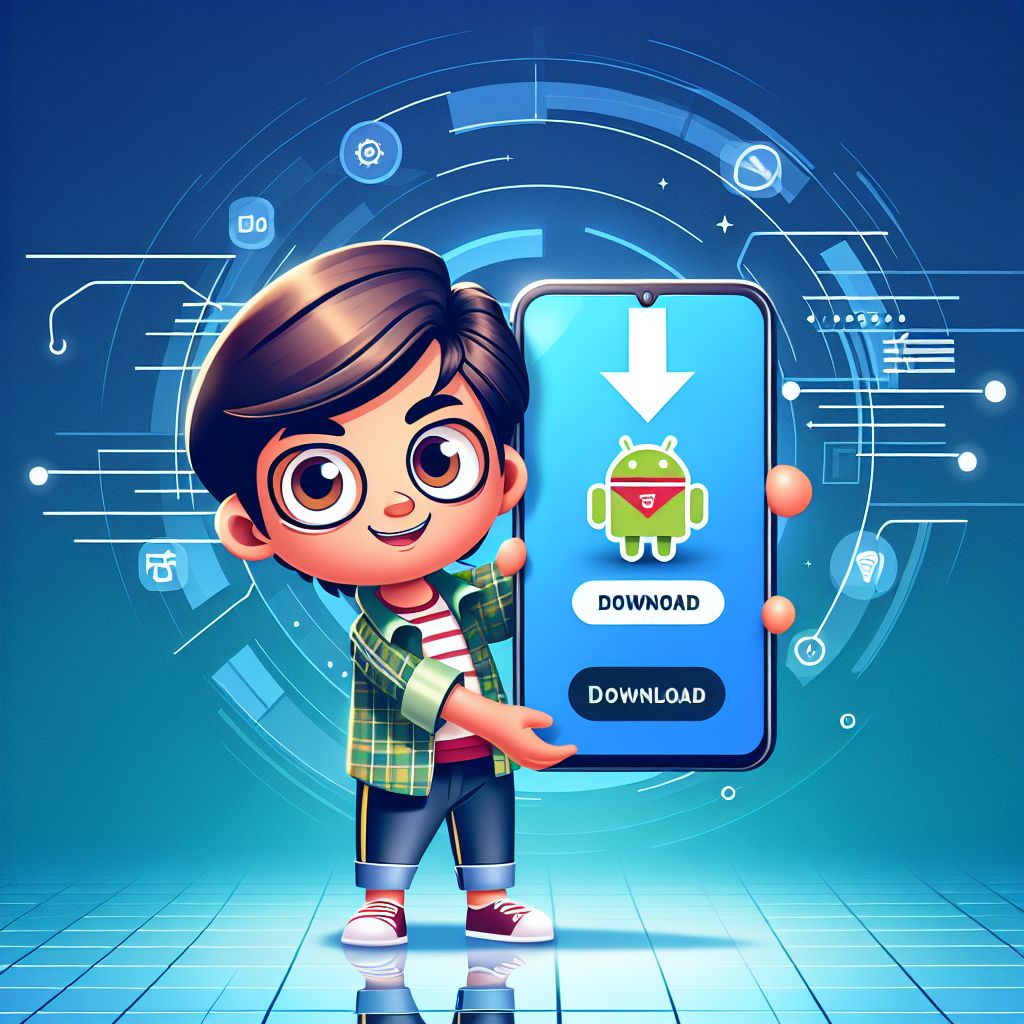 Cartoon character holding an Android phone with a download icon and 555Taka branding