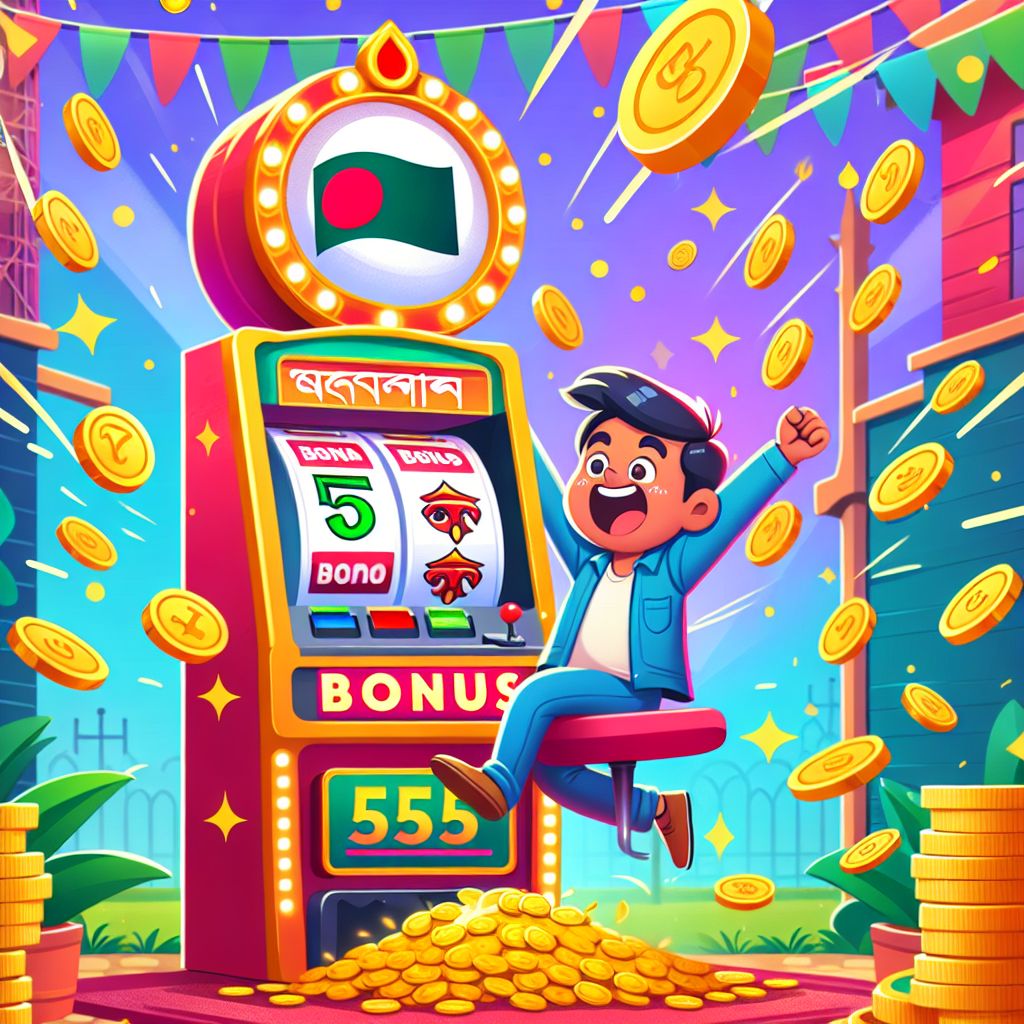 555Taka slot-themed cartoon character with reels, coins, and bonus symbols